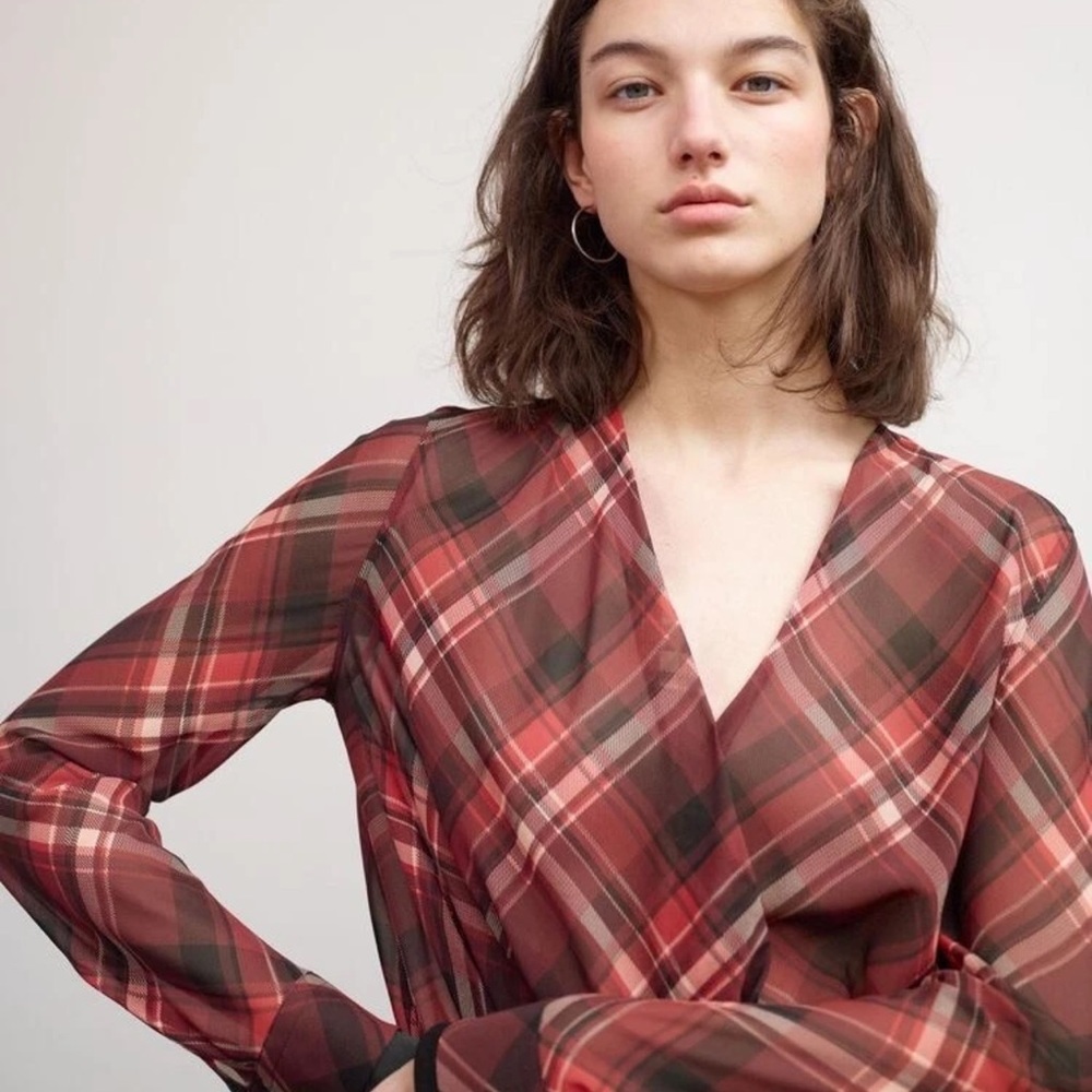 Rag & Bone Women's Victor‎ Plaid V-neck Blouse Silk Blend Red Black Small